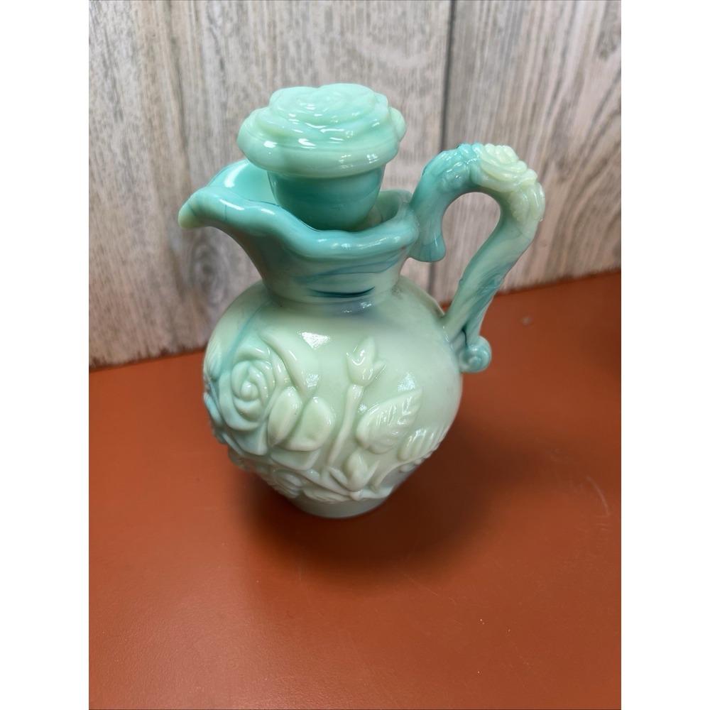 Vintage Avon Blue green Milk Glass Pitcher Vase Bottle Victorian Roses With Top